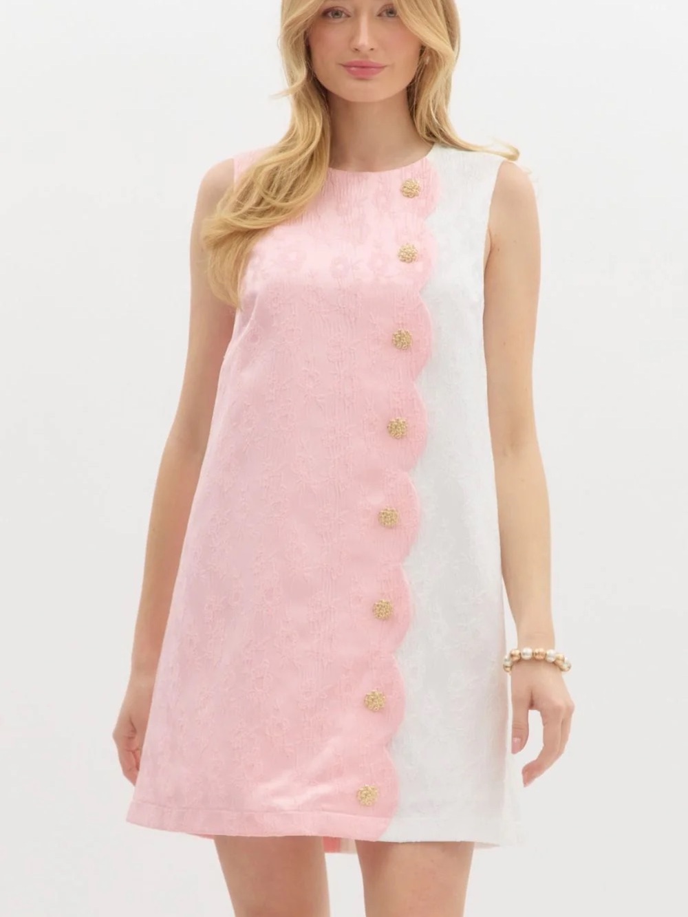 entro Pink and White Scalloped Shift Dress with Gold Buttons